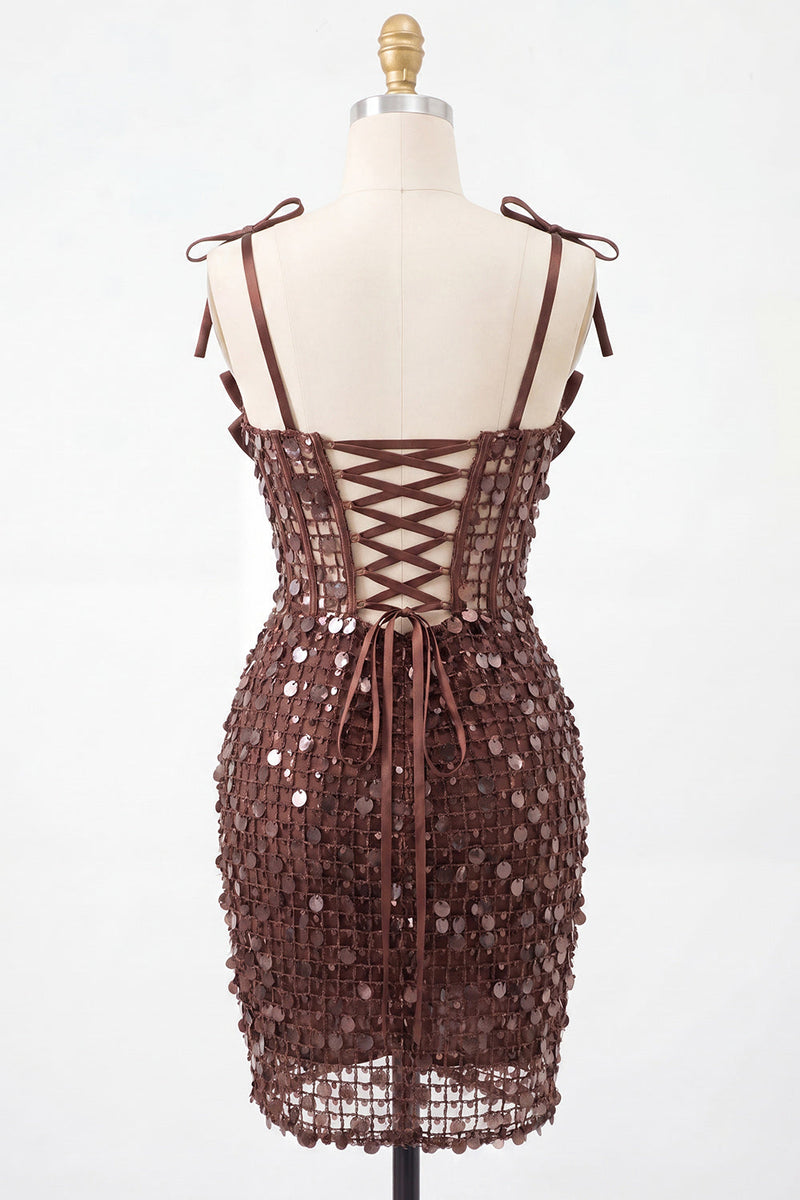 Laden Sie das Bild in den Galerie-Viewer, Bodycon Transparentes Korsett Gerafftes Pailletten Gebogene Träger Kurzes Abendkleid
