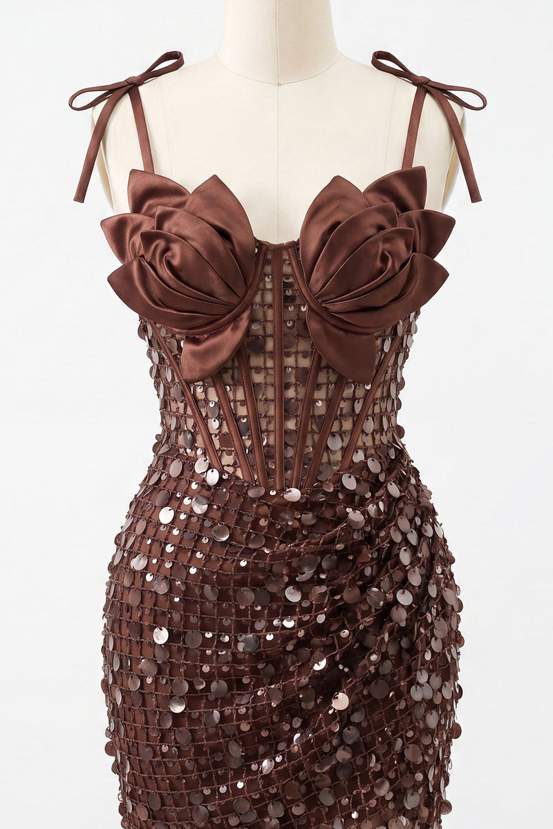 Laden Sie das Bild in den Galerie-Viewer, Bodycon Transparentes Korsett Gerafftes Pailletten Gebogene Träger Kurzes Abendkleid