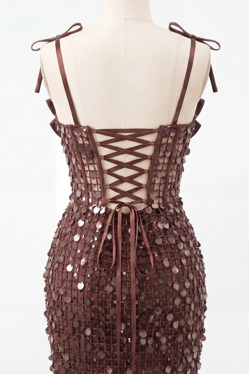 Laden Sie das Bild in den Galerie-Viewer, Bodycon Transparentes Korsett Gerafftes Pailletten Gebogene Träger Kurzes Abendkleid