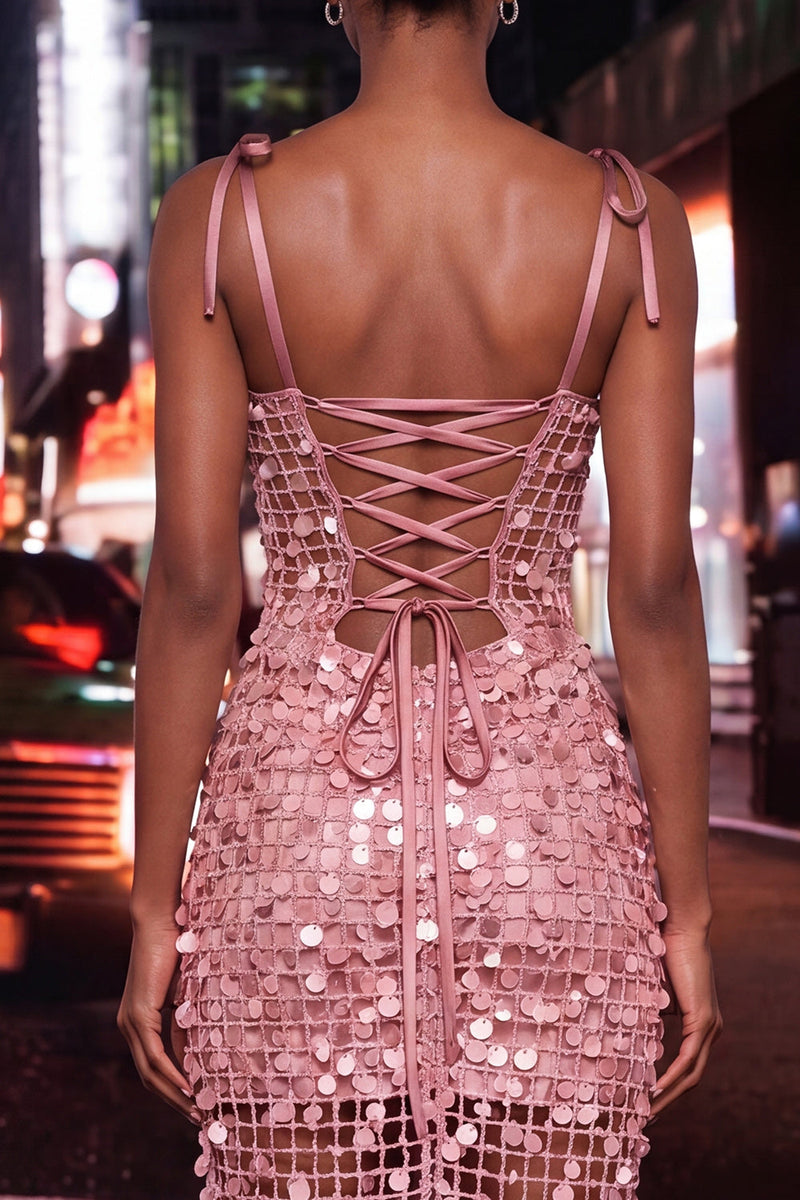 Laden Sie das Bild in den Galerie-Viewer, Bodycon Transparentes Korsett Gerafftes Pailletten Gebogene Träger Kurzes Abendkleid
