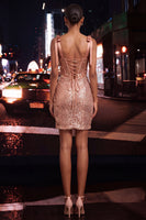 Laden Sie das Bild in den Galerie-Viewer, Glitzerndes transparentes Korsett, Bodycon, Pailletten mit Schnürung hinten, gebogene Träger, Homecoming-Kleid mit Schlitz