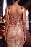 Laden Sie das Bild in den Galerie-Viewer, Glitzerndes transparentes Korsett, Bodycon, Pailletten mit Schnürung hinten, gebogene Träger, Homecoming-Kleid mit Schlitz