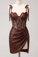 Laden Sie das Bild in den Galerie-Viewer, Glitzerndes transparentes Korsett, Bodycon, Pailletten mit Schnürung hinten, gebogene Träger, Homecoming-Kleid mit Schlitz
