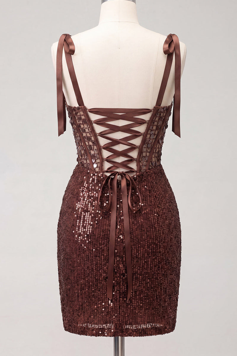 Laden Sie das Bild in den Galerie-Viewer, Glitzerndes transparentes Korsett, Bodycon, Pailletten mit Schnürung hinten, gebogene Träger, Homecoming-Kleid mit Schlitz