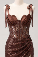 Laden Sie das Bild in den Galerie-Viewer, Glitzerndes transparentes Korsett, Bodycon, Pailletten mit Schnürung hinten, gebogene Träger, Homecoming-Kleid mit Schlitz