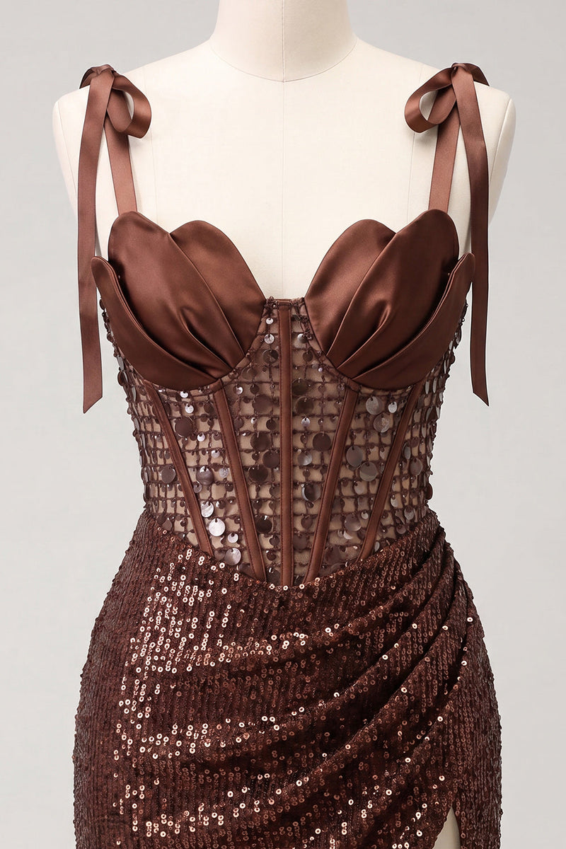 Laden Sie das Bild in den Galerie-Viewer, Glitzerndes transparentes Korsett, Bodycon, Pailletten mit Schnürung hinten, gebogene Träger, Homecoming-Kleid mit Schlitz