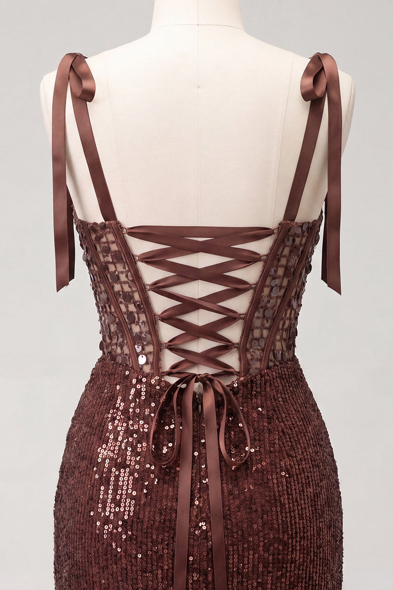 Laden Sie das Bild in den Galerie-Viewer, Glitzerndes transparentes Korsett, Bodycon, Pailletten mit Schnürung hinten, gebogene Träger, Homecoming-Kleid mit Schlitz
