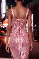 Laden Sie das Bild in den Galerie-Viewer, Glitzerndes transparentes Korsett, Bodycon, Pailletten mit Schnürung hinten, gebogene Träger, Homecoming-Kleid mit Schlitz