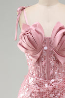 Laden Sie das Bild in den Galerie-Viewer, Bodycon Transparentes Korsett Gerafftes Pailletten Gebogene Träger Kurzes Abendkleid