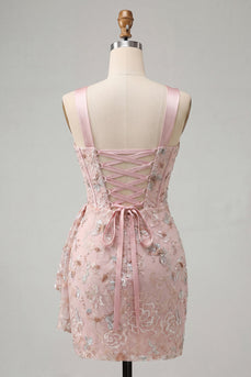 Blush Bodycon Neckholder Korsett Schnürung Rücken Gerafftes Kurzes Abendkleid mit Schärpe