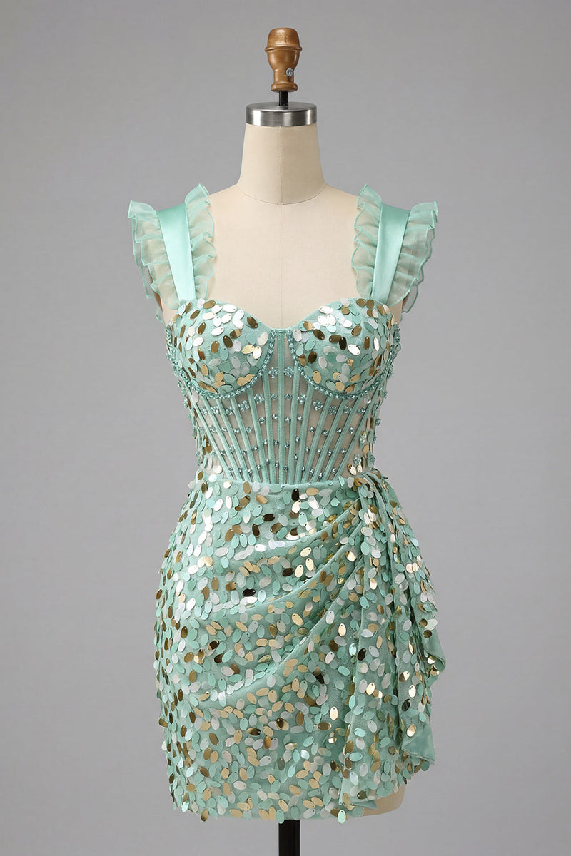 Laden Sie das Bild in den Galerie-Viewer, Champagner Bodycon transparentes Korsett, Rüschenrüschen, Pailletten-Homecoming-Kleid