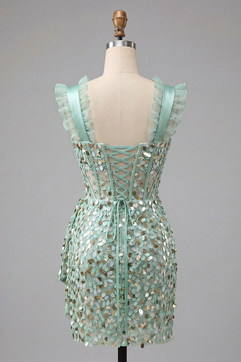 Laden Sie das Bild in den Galerie-Viewer, Champagner Bodycon transparentes Korsett, Rüschenrüschen, Pailletten-Homecoming-Kleid