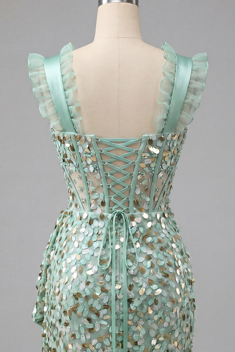 Laden Sie das Bild in den Galerie-Viewer, Champagner Bodycon transparentes Korsett, Rüschenrüschen, Pailletten-Homecoming-Kleid