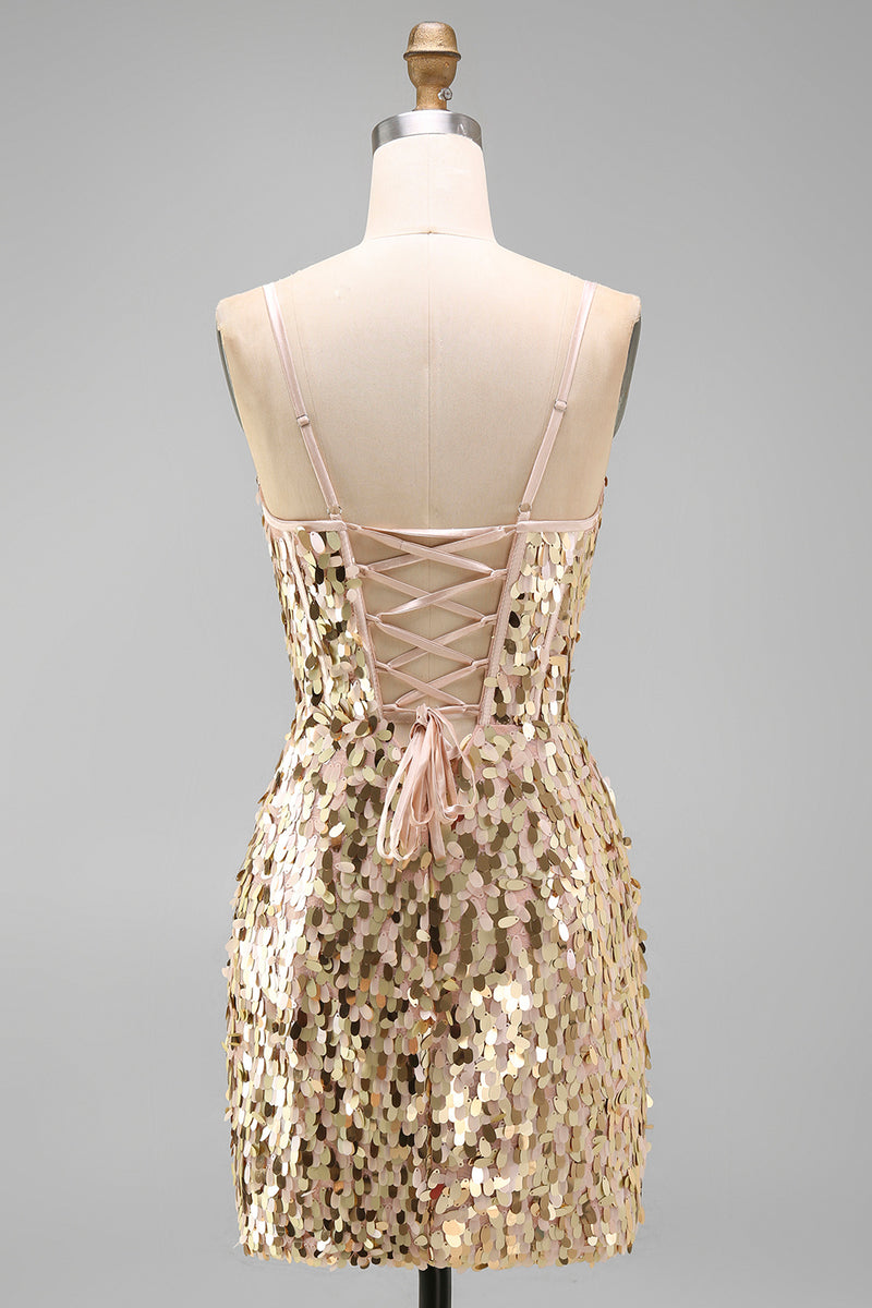 Laden Sie das Bild in den Galerie-Viewer, Glitzerndes Mintgrünes Bodycon Korsett Schnürung hinten Pailletten Kurzes Abendkleid