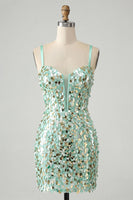 Laden Sie das Bild in den Galerie-Viewer, Glitzerndes mintgrünes Bodycon-Korsett, Schnürung hinten, Pailletten, kurzes Homecoming-Kleid
