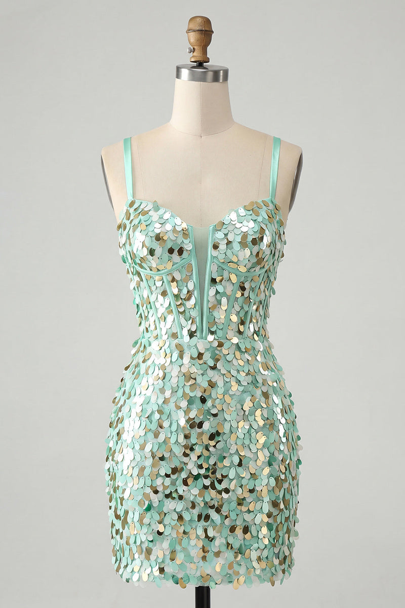 Laden Sie das Bild in den Galerie-Viewer, Glitzerndes mintgrünes Bodycon-Korsett, Schnürung hinten, Pailletten, kurzes Homecoming-Kleid