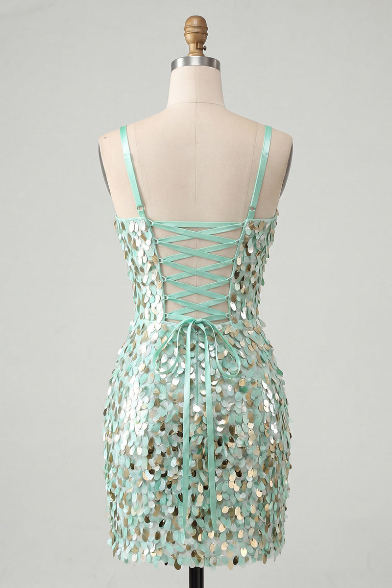 Laden Sie das Bild in den Galerie-Viewer, Glitzerndes mintgrünes Bodycon-Korsett, Schnürung hinten, Pailletten, kurzes Homecoming-Kleid