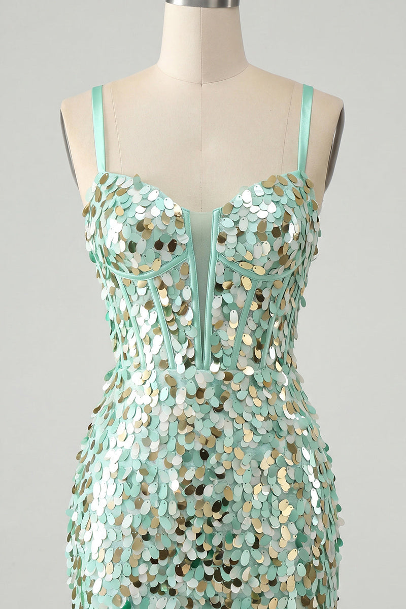 Laden Sie das Bild in den Galerie-Viewer, Glitzerndes mintgrünes Bodycon-Korsett, Schnürung hinten, Pailletten, kurzes Homecoming-Kleid