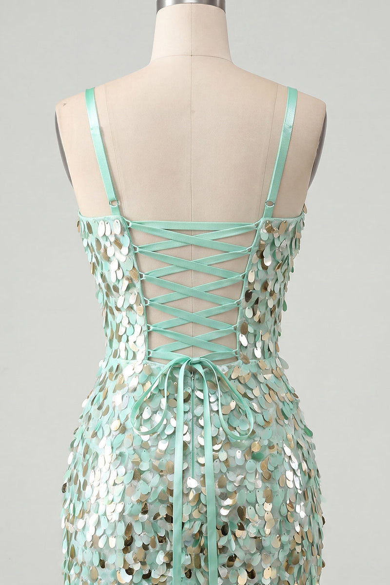 Laden Sie das Bild in den Galerie-Viewer, Glitzerndes mintgrünes Bodycon-Korsett, Schnürung hinten, Pailletten, kurzes Homecoming-Kleid