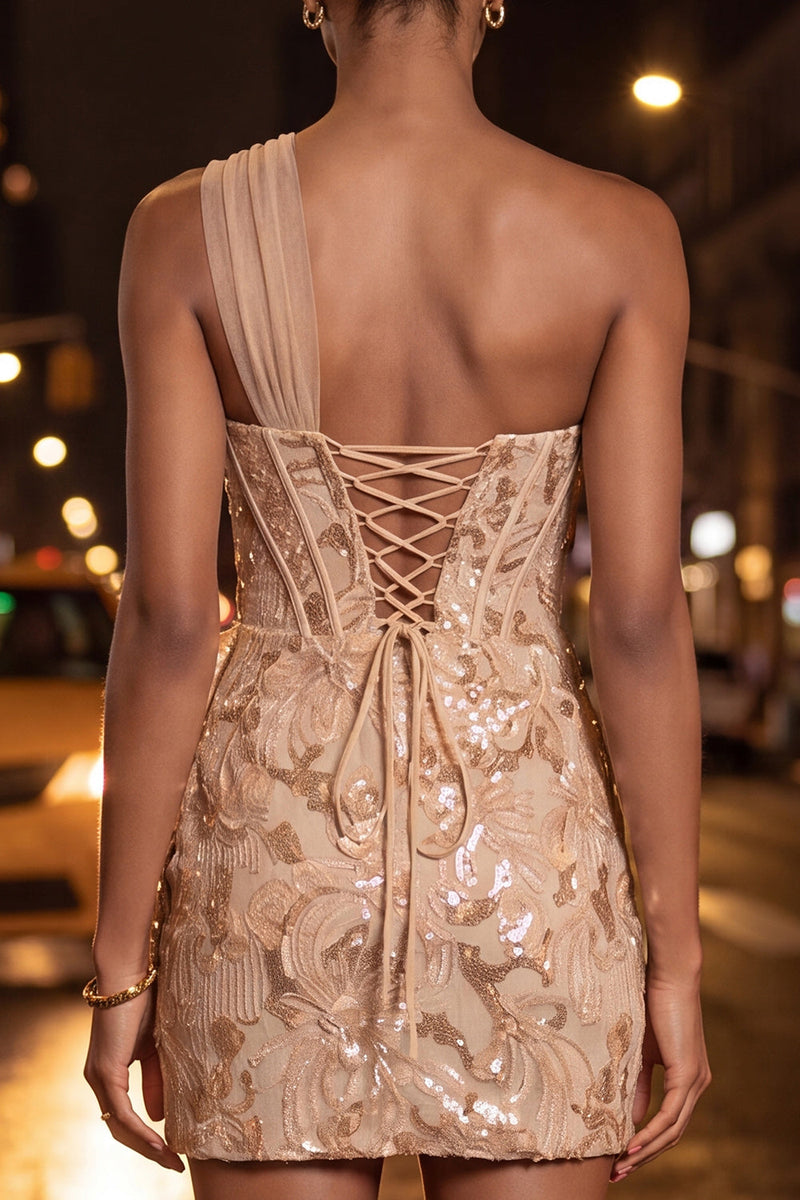 Laden Sie das Bild in den Galerie-Viewer, Grünes Bodycon-Korsett, eine Schulter Schnürung hinten Pailletten, Homecoming-Kleid mit Schärpe