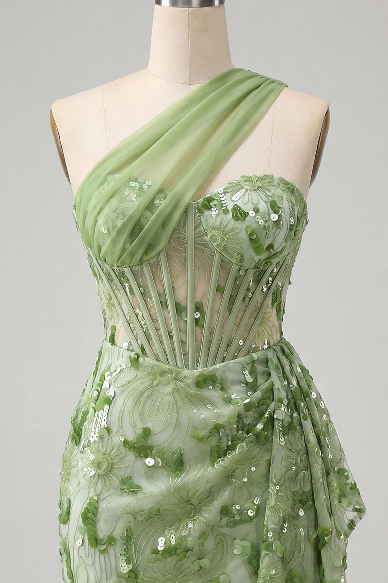 Laden Sie das Bild in den Galerie-Viewer, Grünes Bodycon-Korsett, eine Schulter Schnürung hinten Pailletten, Homecoming-Kleid mit Schärpe