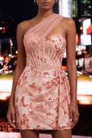 Laden Sie das Bild in den Galerie-Viewer, Grünes Bodycon-Korsett, eine Schulter Schnürung hinten Pailletten, Homecoming-Kleid mit Schärpe