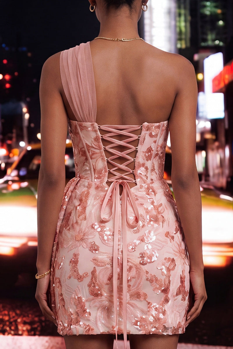 Laden Sie das Bild in den Galerie-Viewer, Grünes Bodycon-Korsett, eine Schulter Schnürung hinten Pailletten, Homecoming-Kleid mit Schärpe