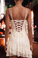 Laden Sie das Bild in den Galerie-Viewer, Hellblaues Bodycon-Korsett, Schnürung hinten, Pailletten-Homecoming-Kleid mit Rüschen