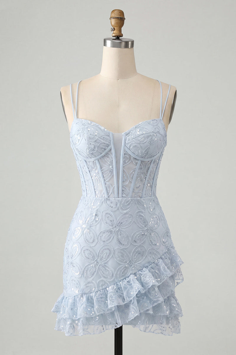 Laden Sie das Bild in den Galerie-Viewer, Hellblaues Bodycon-Korsett, Schnürung hinten, Pailletten-Homecoming-Kleid mit Rüschen