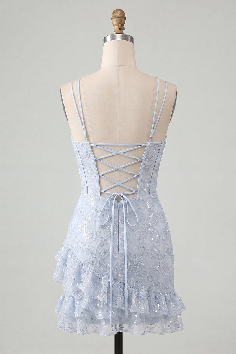 Laden Sie das Bild in den Galerie-Viewer, Hellblaues Bodycon-Korsett, Schnürung hinten, Pailletten-Homecoming-Kleid mit Rüschen