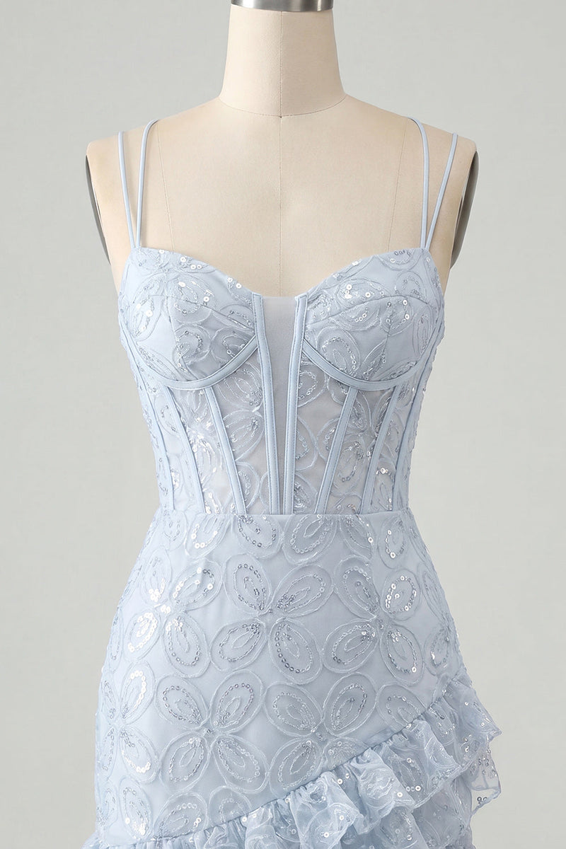 Laden Sie das Bild in den Galerie-Viewer, Hellblaues Bodycon-Korsett, Schnürung hinten, Pailletten-Homecoming-Kleid mit Rüschen