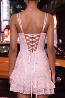 Laden Sie das Bild in den Galerie-Viewer, Hellblaues Bodycon-Korsett, Schnürung hinten, Pailletten-Homecoming-Kleid mit Rüschen