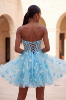 Laden Sie das Bild in den Galerie-Viewer, A-Line lila Sweetheart Sheer Korsett-Applikationskleid Homecoming-Kleid mit Spitze hinten