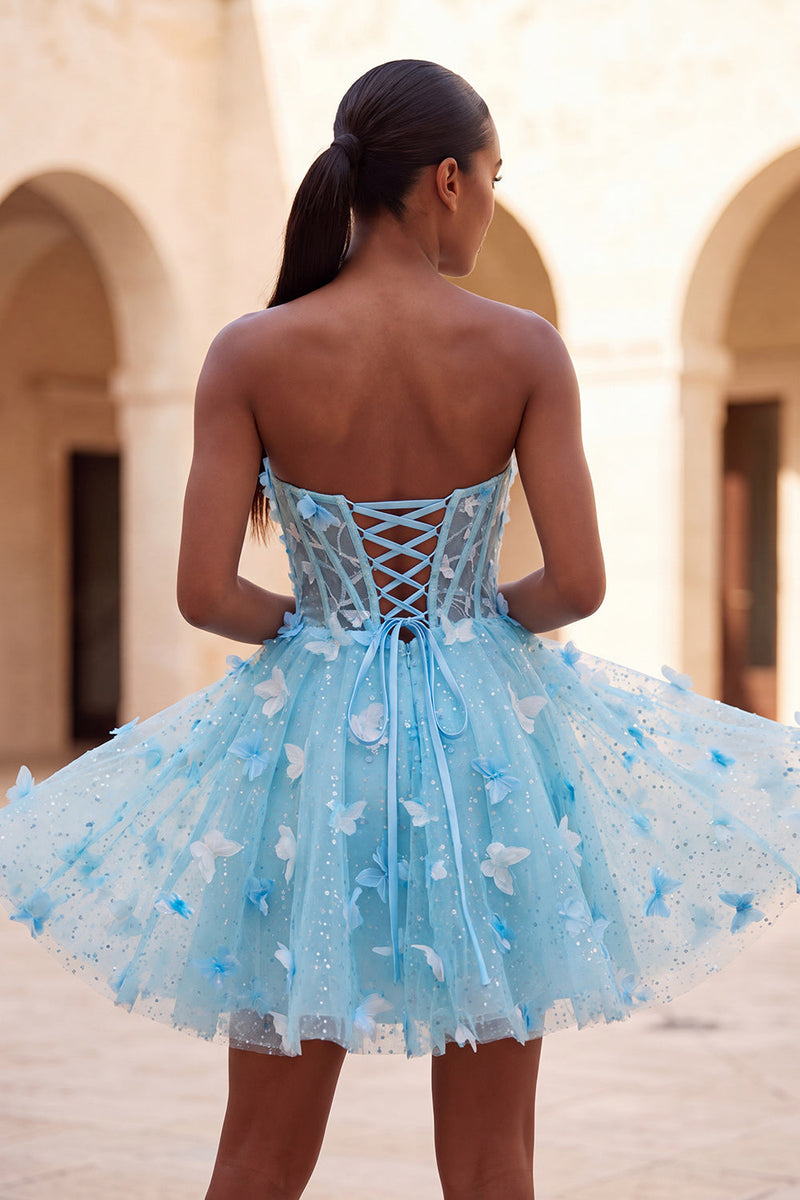 Laden Sie das Bild in den Galerie-Viewer, A-Line lila Sweetheart Sheer Korsett-Applikationskleid Homecoming-Kleid mit Spitze hinten