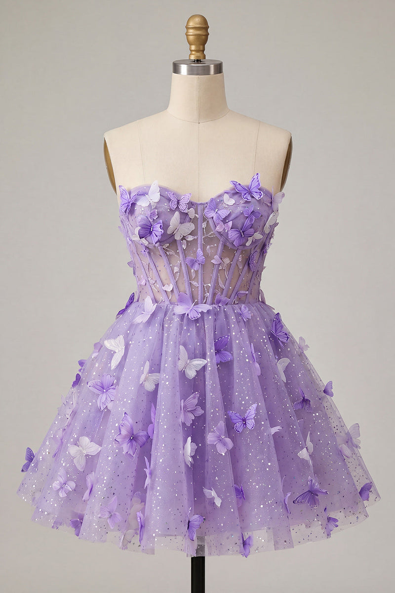 Laden Sie das Bild in den Galerie-Viewer, A-Line lila Sweetheart Sheer Korsett-Applikationskleid Homecoming-Kleid mit Spitze hinten