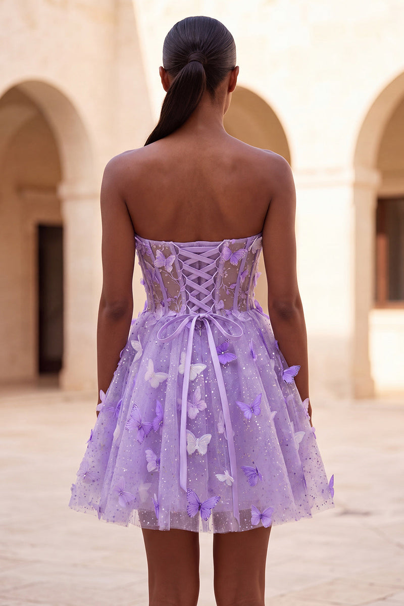 Laden Sie das Bild in den Galerie-Viewer, A-Line lila Sweetheart Sheer Korsett-Applikationskleid Homecoming-Kleid mit Spitze hinten