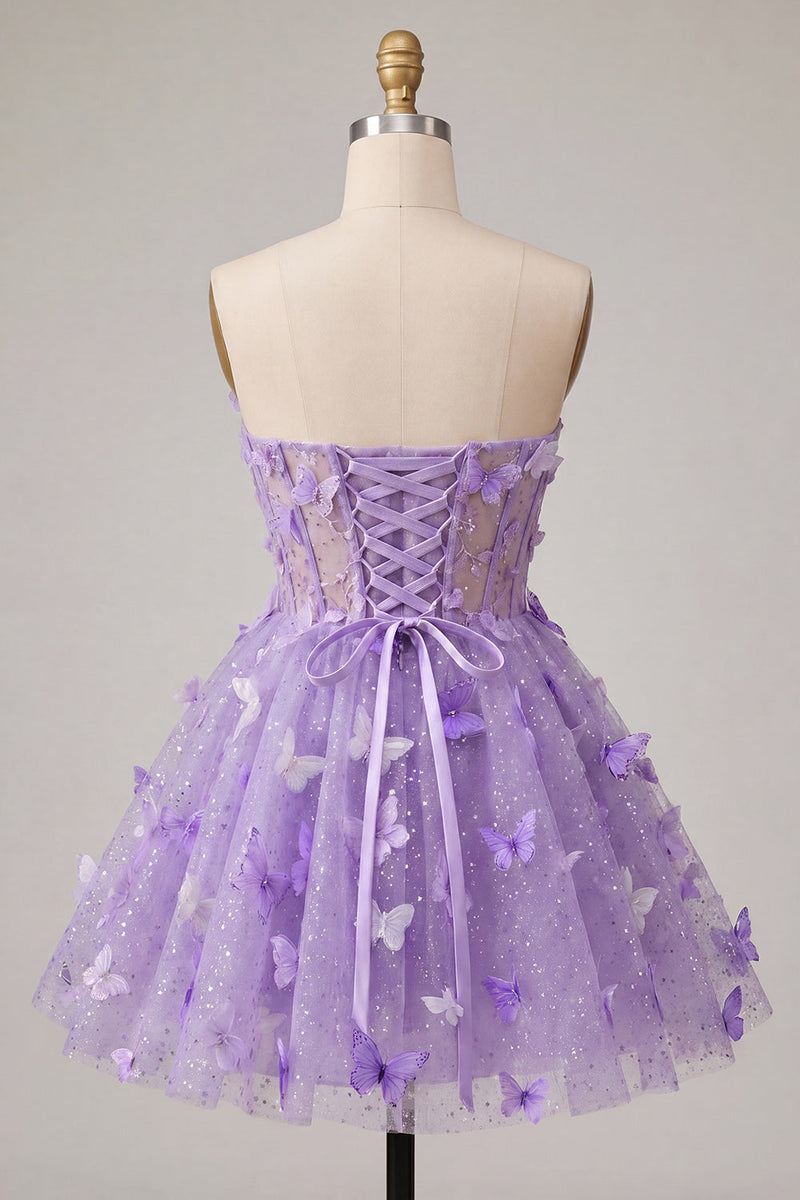 Laden Sie das Bild in den Galerie-Viewer, A-Line lila Sweetheart Sheer Korsett-Applikationskleid Homecoming-Kleid mit Spitze hinten