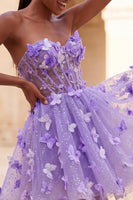 Laden Sie das Bild in den Galerie-Viewer, A-Line lila Sweetheart Sheer Korsett-Applikationskleid Homecoming-Kleid mit Spitze hinten