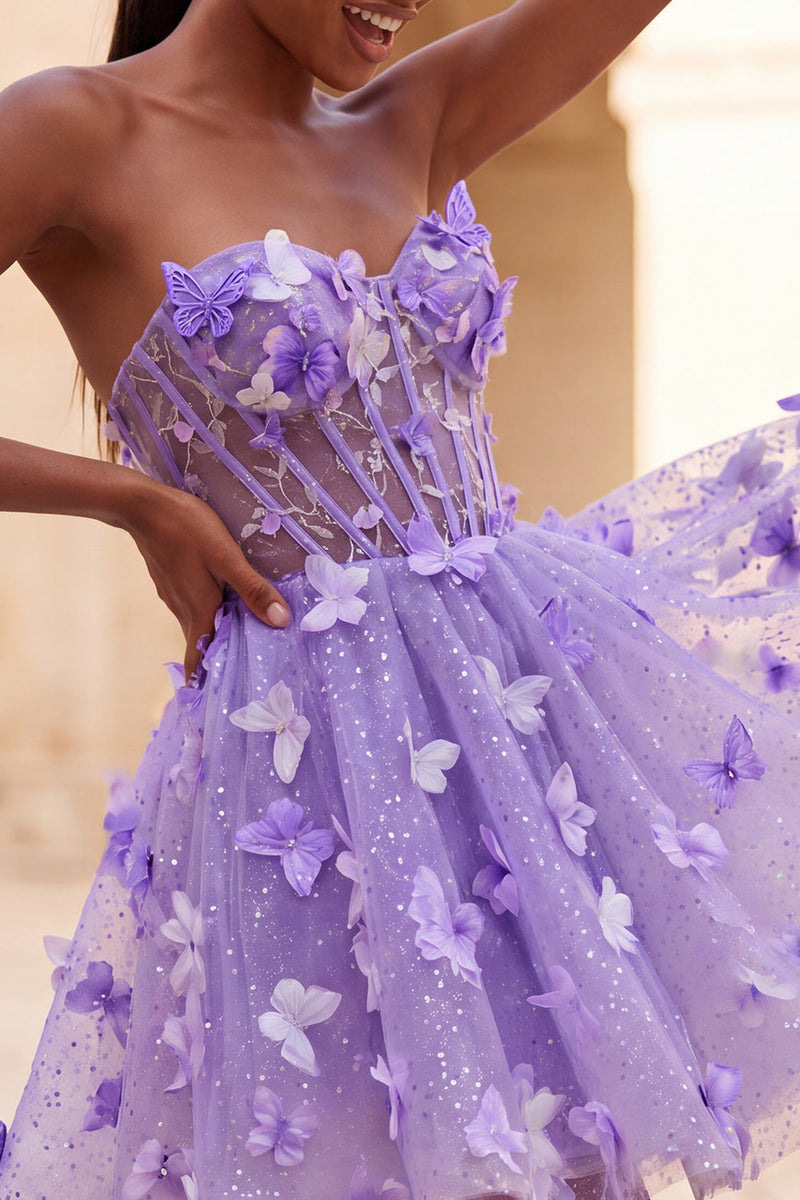 Laden Sie das Bild in den Galerie-Viewer, A-Line lila Sweetheart Sheer Korsett-Applikationskleid Homecoming-Kleid mit Spitze hinten