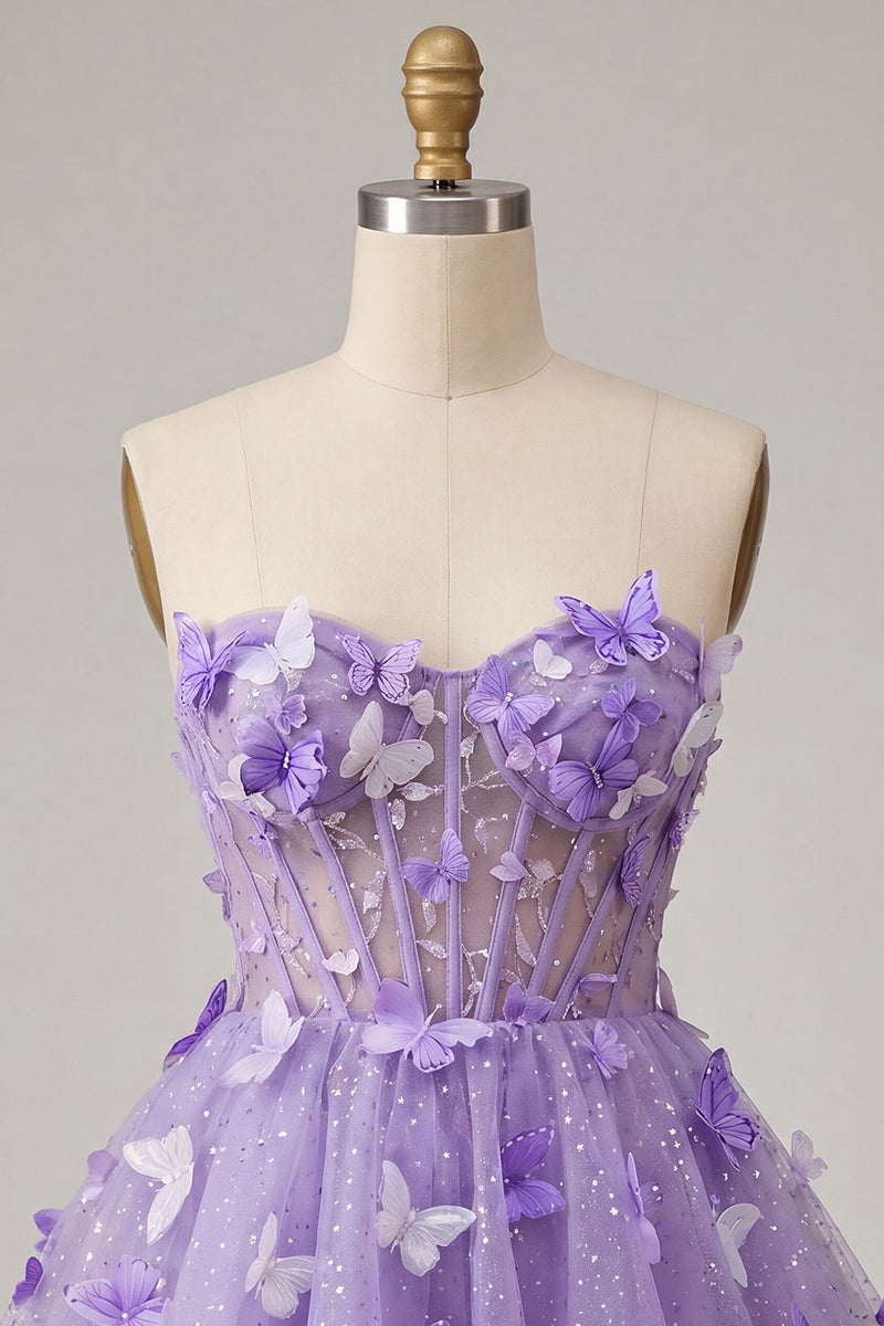 Laden Sie das Bild in den Galerie-Viewer, A-Line lila Sweetheart Sheer Korsett-Applikationskleid Homecoming-Kleid mit Spitze hinten