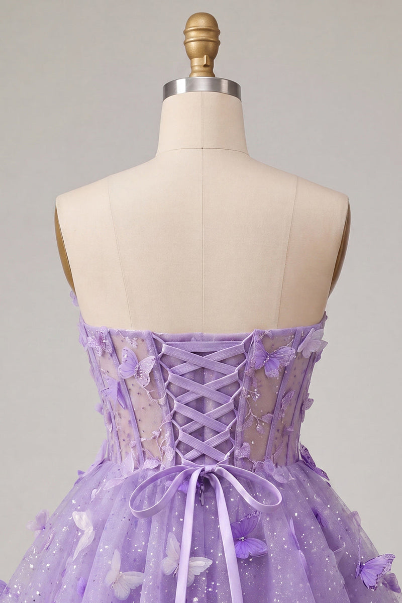 Laden Sie das Bild in den Galerie-Viewer, A-Line lila Sweetheart Sheer Korsett-Applikationskleid Homecoming-Kleid mit Spitze hinten