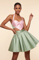 Laden Sie das Bild in den Galerie-Viewer, Pink-grünes A-Linien-Zweiteiler-Satin-Neckholder-Satin-Homecoming-Kleid