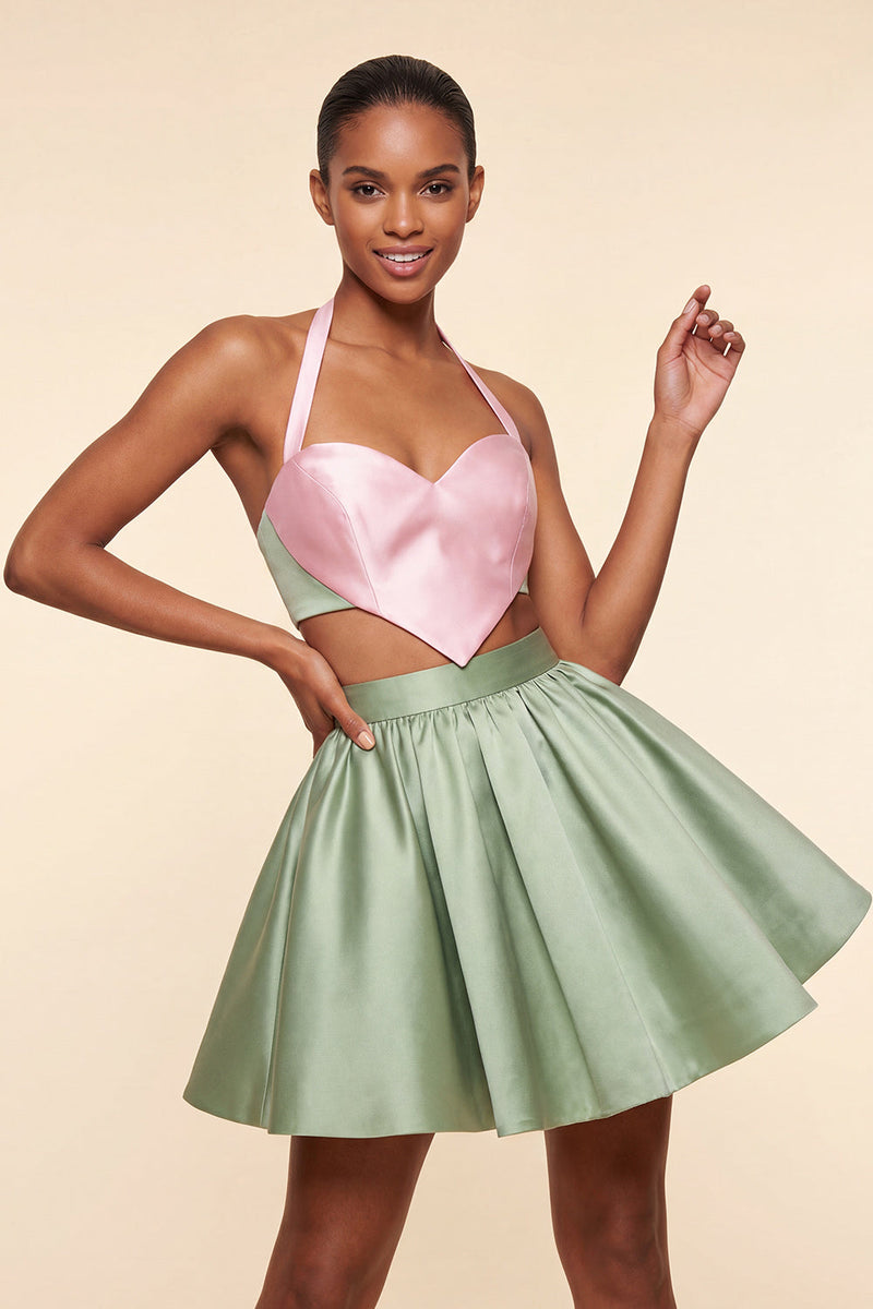 Laden Sie das Bild in den Galerie-Viewer, Pink-grünes A-Linien-Zweiteiler-Satin-Neckholder-Satin-Homecoming-Kleid