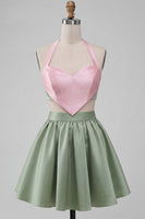 Laden Sie das Bild in den Galerie-Viewer, Pink-grünes A-Linien-Zweiteiler-Satin-Neckholder-Satin-Homecoming-Kleid