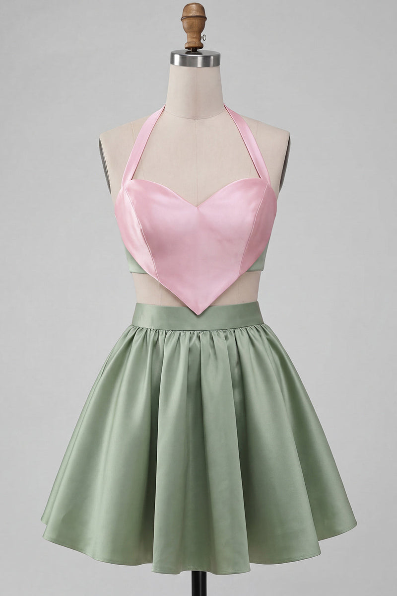 Laden Sie das Bild in den Galerie-Viewer, Pink-grünes A-Linien-Zweiteiler-Satin-Neckholder-Satin-Homecoming-Kleid