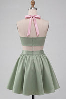Laden Sie das Bild in den Galerie-Viewer, Pink-grünes A-Linien-Zweiteiler-Satin-Neckholder-Satin-Homecoming-Kleid