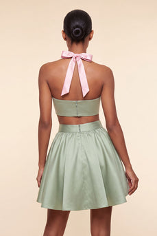 Pink-grünes A-Linie Zweiteiler Satin Neckholder Satin Kurzes Abendkleid