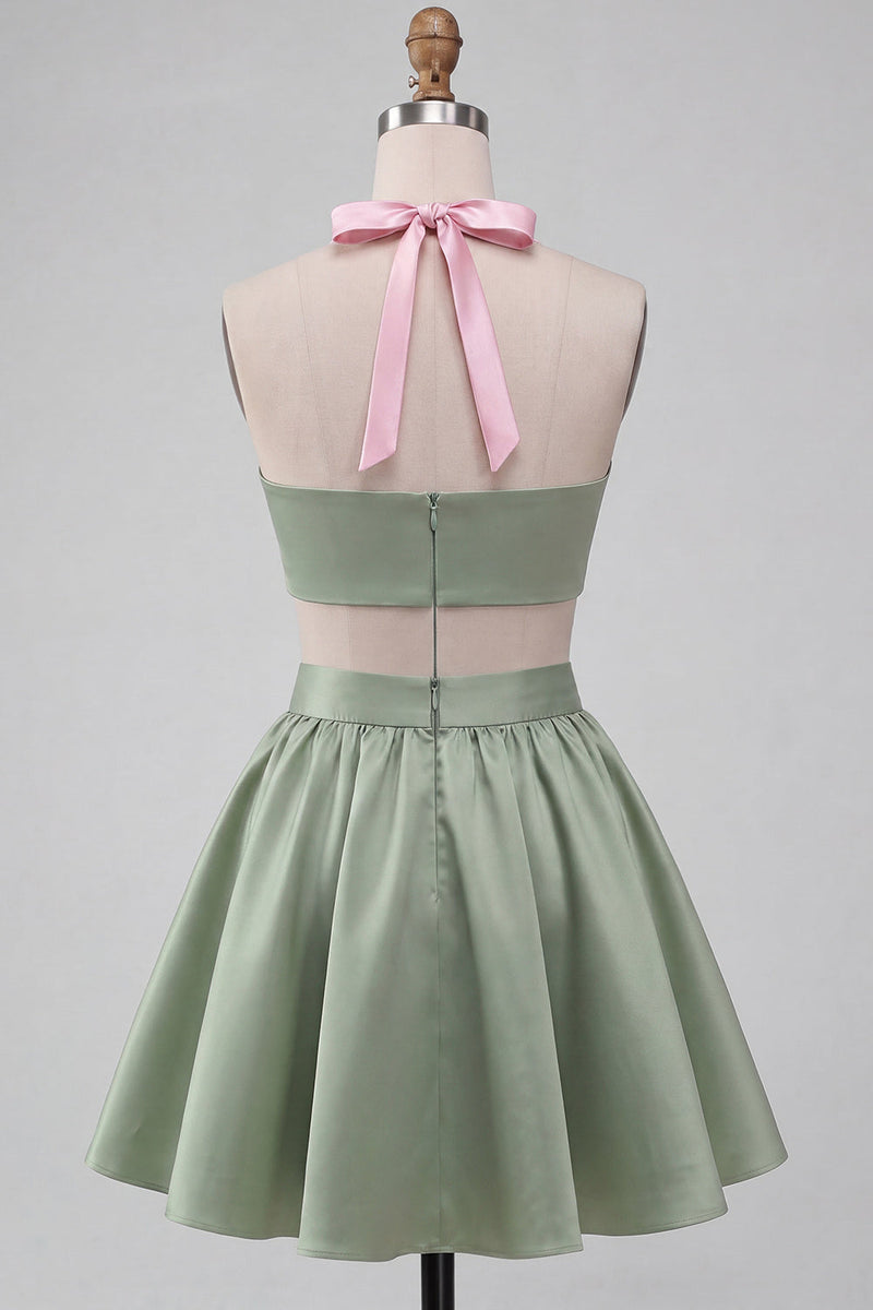 Laden Sie das Bild in den Galerie-Viewer, Pink-grünes A-Linien-Zweiteiler-Satin-Neckholder-Satin-Homecoming-Kleid