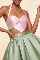 Laden Sie das Bild in den Galerie-Viewer, Pink-grünes A-Linien-Zweiteiler-Satin-Neckholder-Satin-Homecoming-Kleid