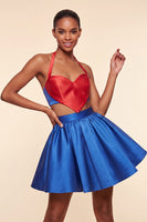 Laden Sie das Bild in den Galerie-Viewer, Pink-grünes A-Linien-Zweiteiler-Satin-Neckholder-Satin-Homecoming-Kleid